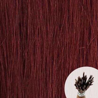 Mahogany seamless I-tip hair extensions with a circular inset showing an up-close bundle of the i-tip hair strands on a white background.