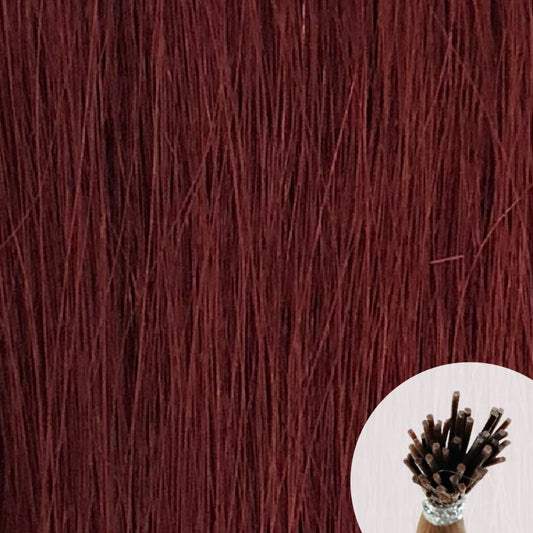 Mahogany seamless I-tip hair extensions with a circular inset showing an up-close bundle of the i-tip hair strands on a white background.