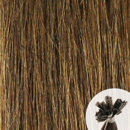 Close-up of soft brown hair extensions with a small circular inset showing the K-Tip bundle attachment tip.