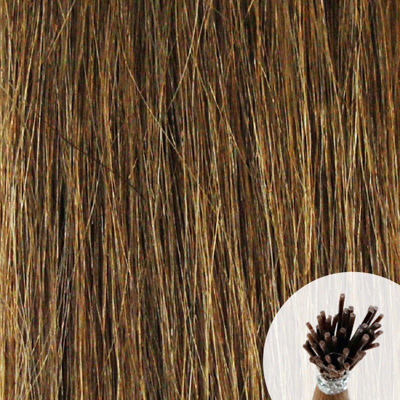 Soft light brown seamless I-tip hair extensions with a circular inset showing an up-close bundle of the i-tip hair strands on a white background.