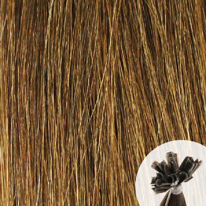 Close-up of golden brown straight hair extensions with a small circular inset showing the K-Tip bundle attachment tip.