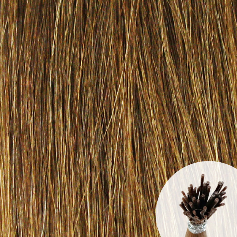 Golden brown seamless I-tip hair extensions with a circular inset showing an up-close bundle of the i-tip hair strands on a white background.