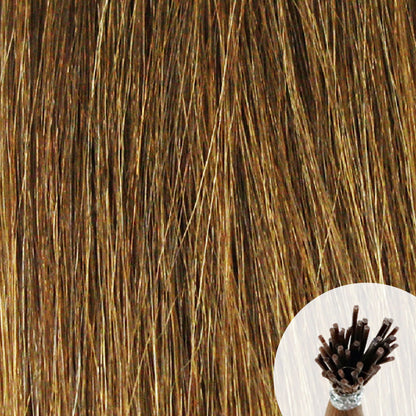 Golden brown seamless I-tip hair extensions with a circular inset showing an up-close bundle of the i-tip hair strands on a white background.