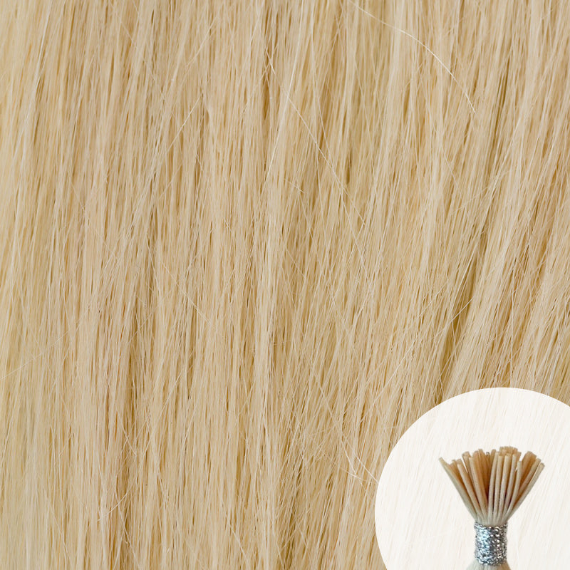 Lightest light blonde seamless I-tip hair extensions with a circular inset showing an up-close bundle of the i-tip hair strands on a white background.