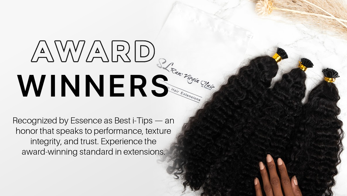 SL Raw Virgin Hair award-winning I-Tip hair extensions, recognized by Essence as Best i-Tips — premium reusable microlinks made from 100% human hair.