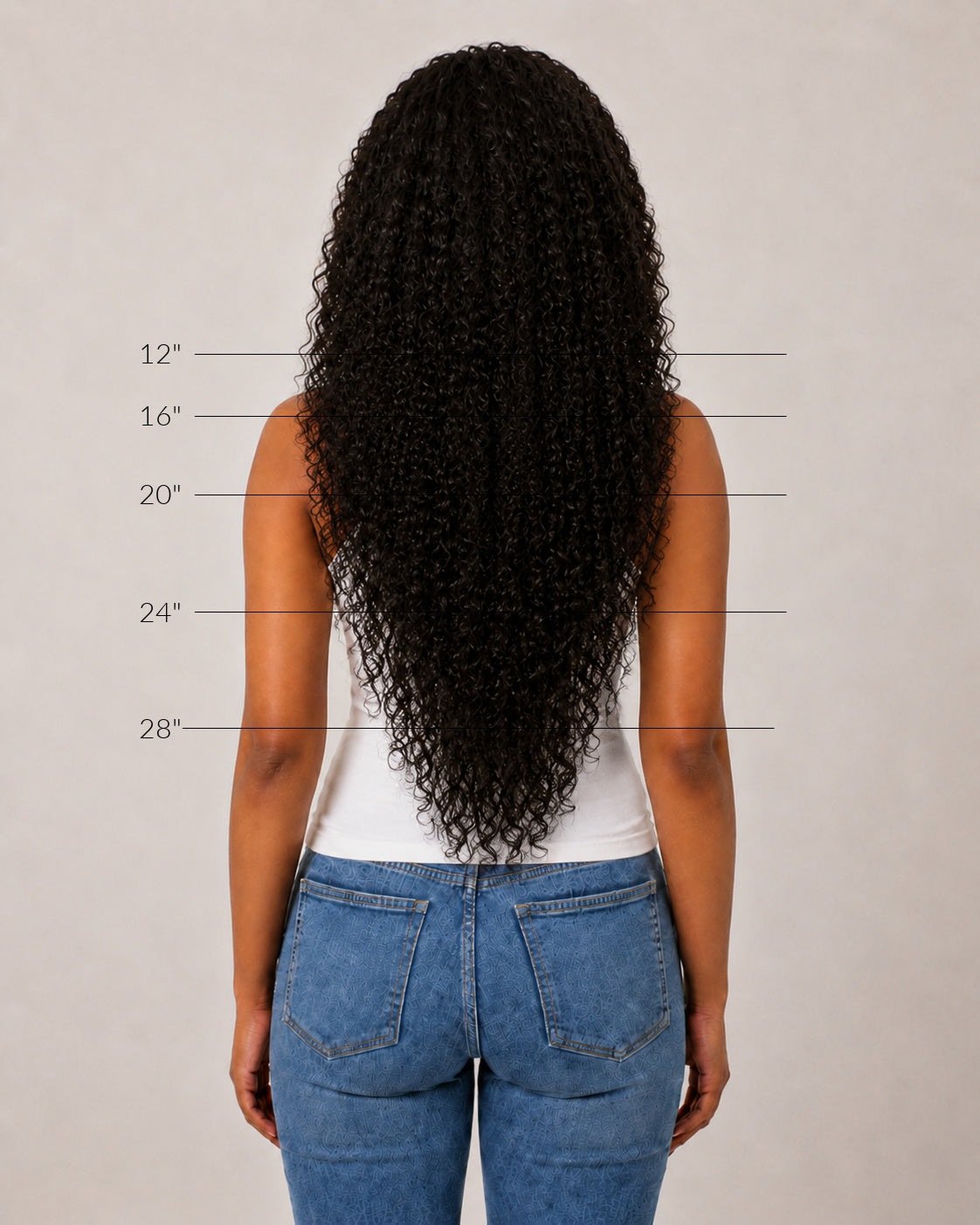 Back view showing how kinky curly hair extension texture falls on the body