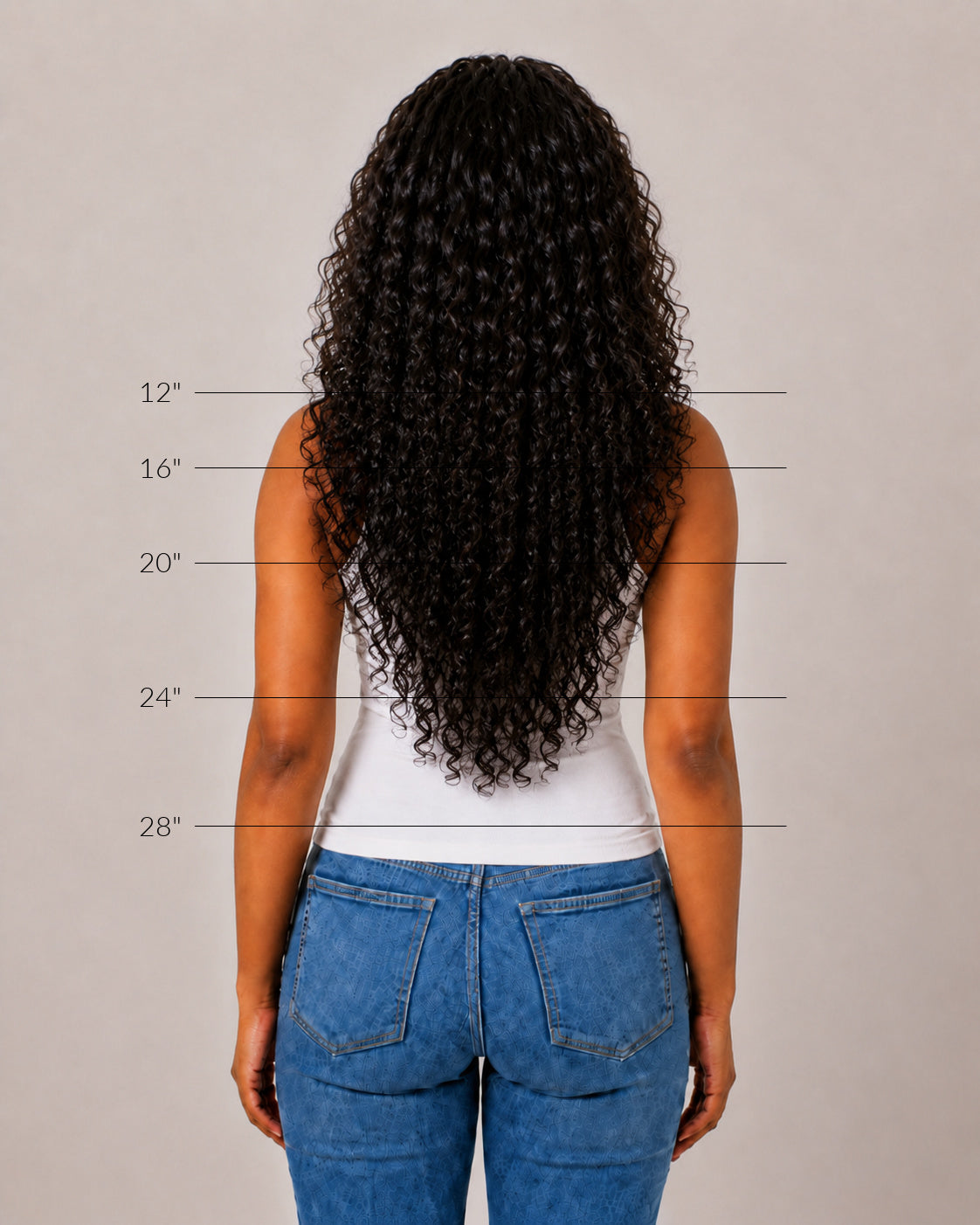 Back view showing how curly hair extension texture falls on the body