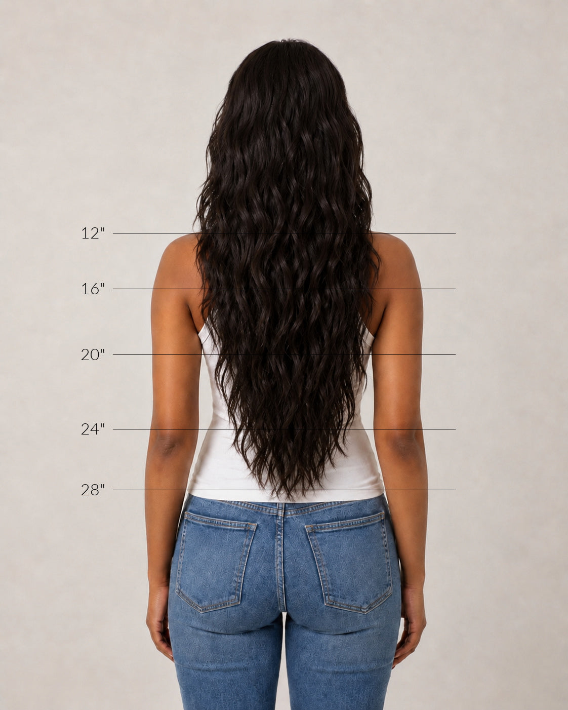 Back view showing how wavy hair extension texture falls on the body