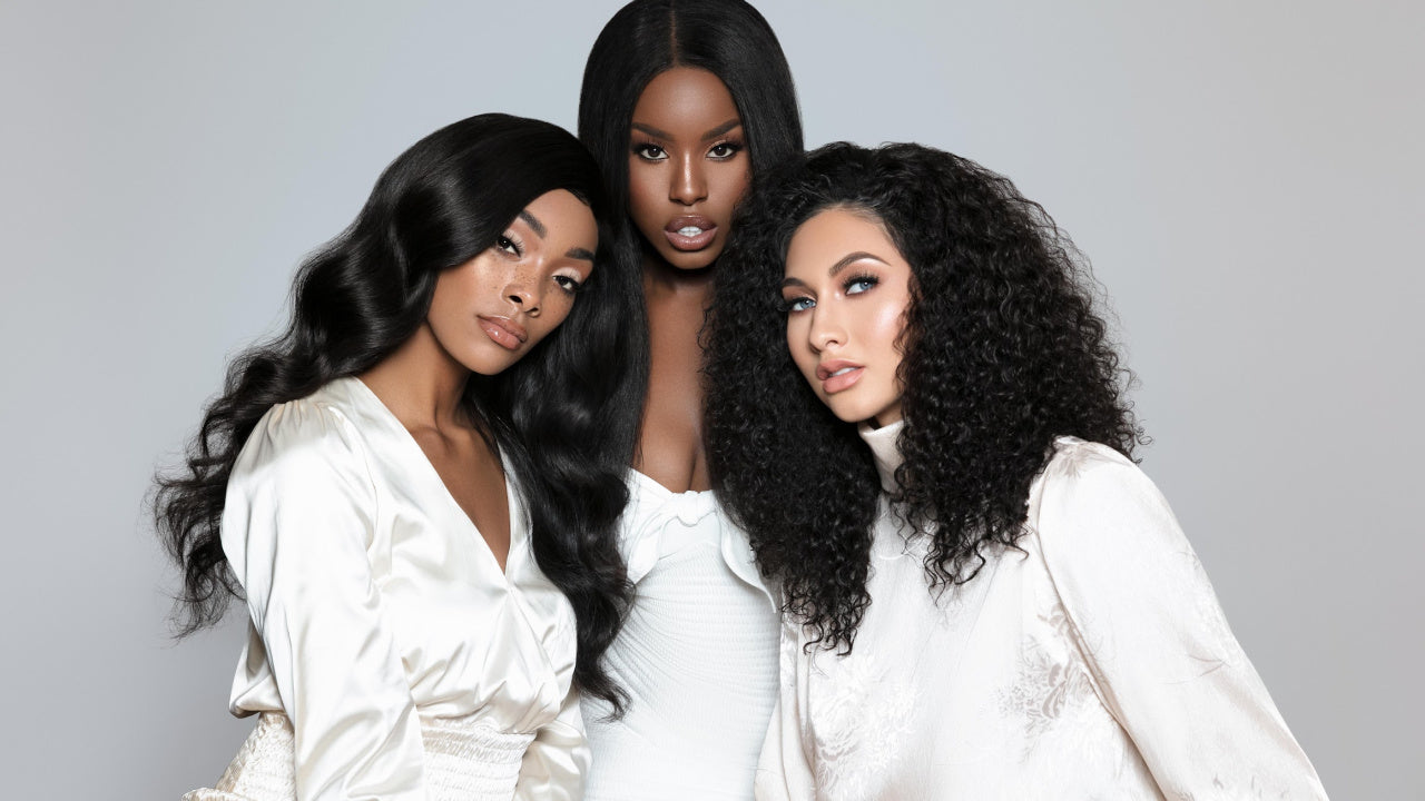 100% Human Hair Wig Collection with three women with styled hair extensions 