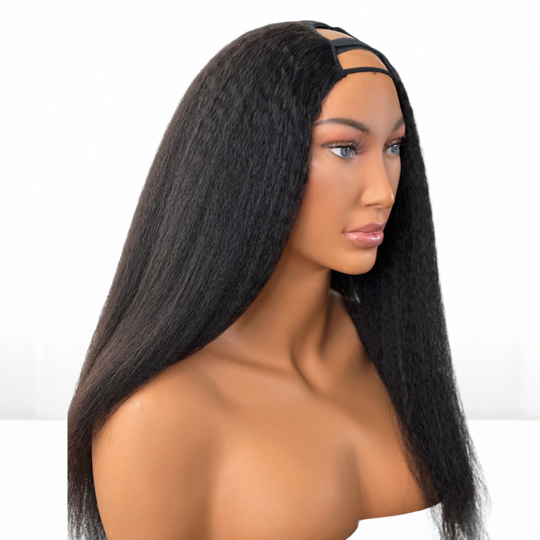 Easy Do-It-Yourself U-part wig for beginners Hair: Natural 1B Human Hair Style: Kinky Straight Wig: U-Part Density: 130% Coloring: Can lift to #27 Length: 10