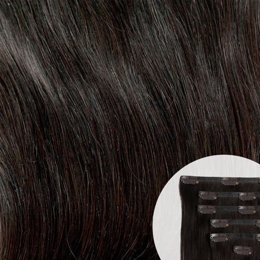 Close-up of dark brown seamless clip-in hair extensions by SL Raw Virgin Hair 