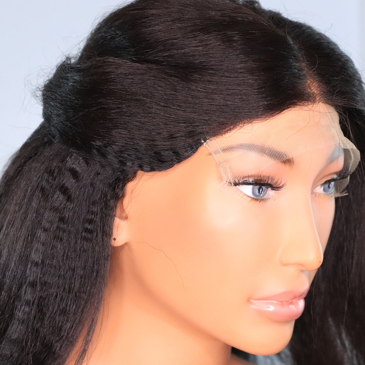 Kinky Straight human hair wig showing the 7x7 HD lace hairline and natural textured straight hair