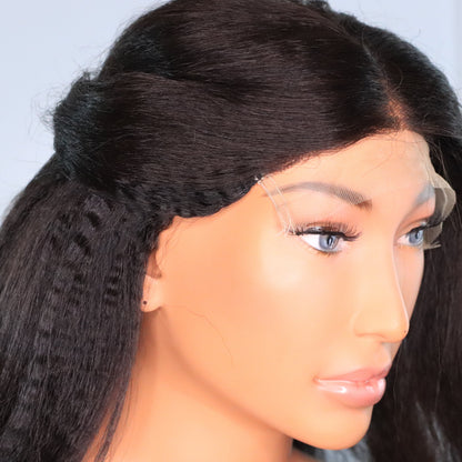 Kinky Straight human hair wig showing the 7x7 HD lace hairline and natural textured straight hair