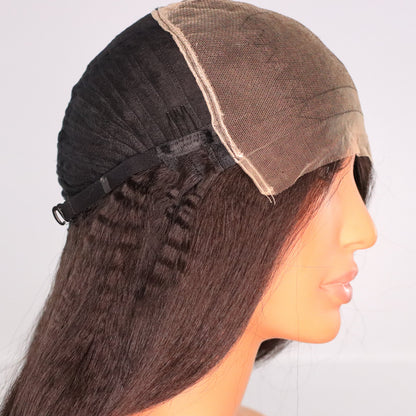 Side interior view of Kinky Straight human hair wig showing 7x7 HD lace, comb and adjustable cap