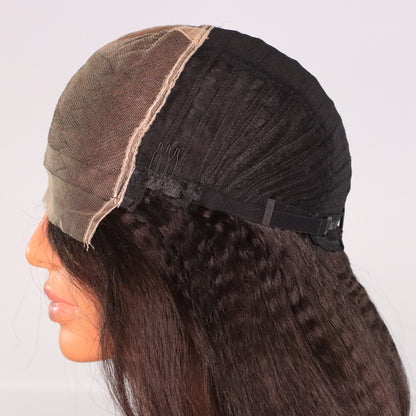 Interior side view of Kinky Straight wig showing 7x7 HD lace, ventilated cap, comb and adjustable strap
