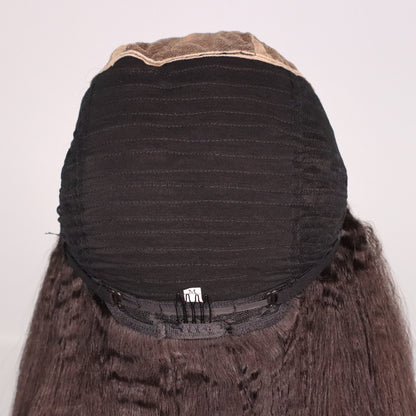 Back interior of Kinky Straight human hair wig showing ventilated cap, rear comb and adjustable straps