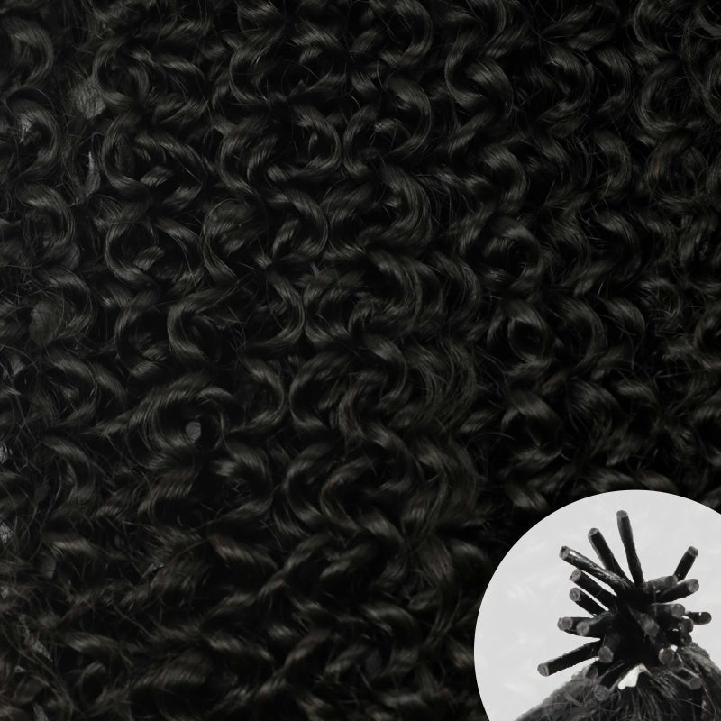 Close-up of natural-black Kinky Curly 4B hair texture, with a small circular inset in the lower right showing a traditional I-tip hair extension.