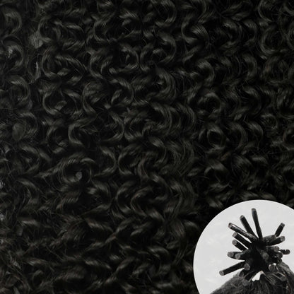 Close-up of natural-black Kinky Curly 4B hair texture, with a small circular inset in the lower right showing a traditional I-tip hair extension.