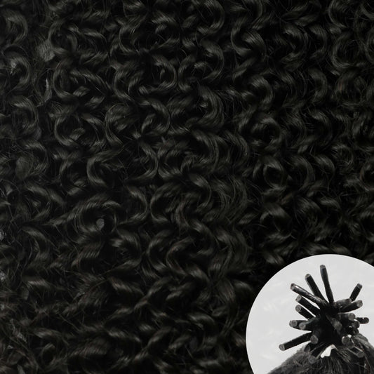 Close-up of natural-black Kinky Curly 4B hair texture, with a small circular inset in the lower right showing a traditional I-tip hair extension.