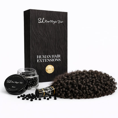 Kinky Curly Human hair I-tip extensions with packaging and microbeads on a white background