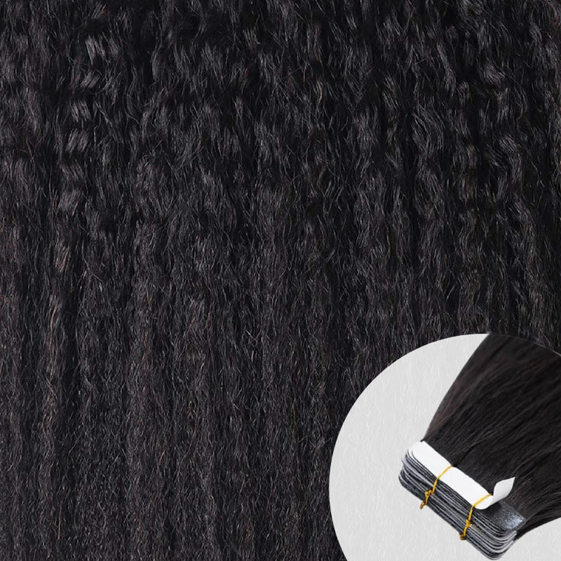Close-up of natural kinky textured straight tape-in hair extensions by SL Raw Virgin Hair 