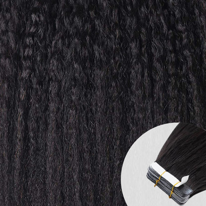 Close-up of natural kinky textured straight tape-in hair extensions by SL Raw Virgin Hair 