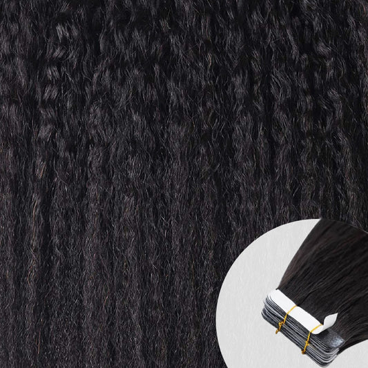 Close-up of natural kinky textured straight tape-in hair extensions by SL Raw Virgin Hair 