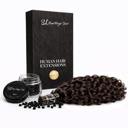 Lao Curly Human hair I-tip extensions with packaging and microbeads on a white background