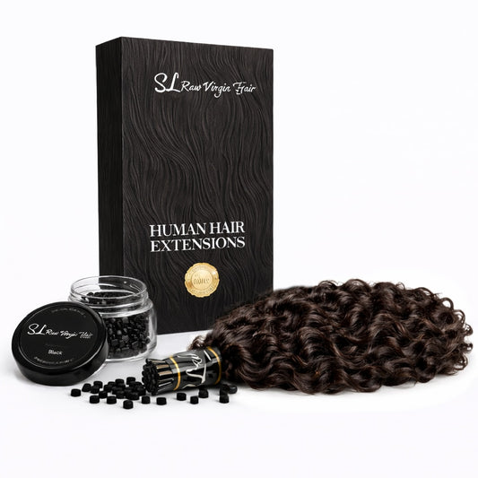 Lao Curly Human hair I-tip extensions with packaging and microbeads on a white background