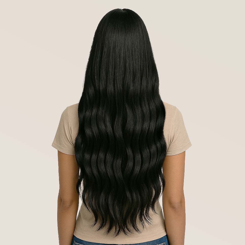 Back view of 24-32 inch raw wavy hair extensions