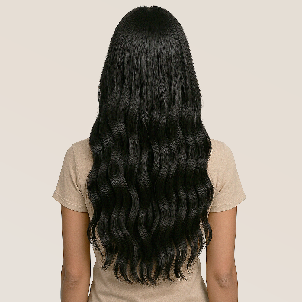Back view of 20-22 inch raw wavy hair extensions