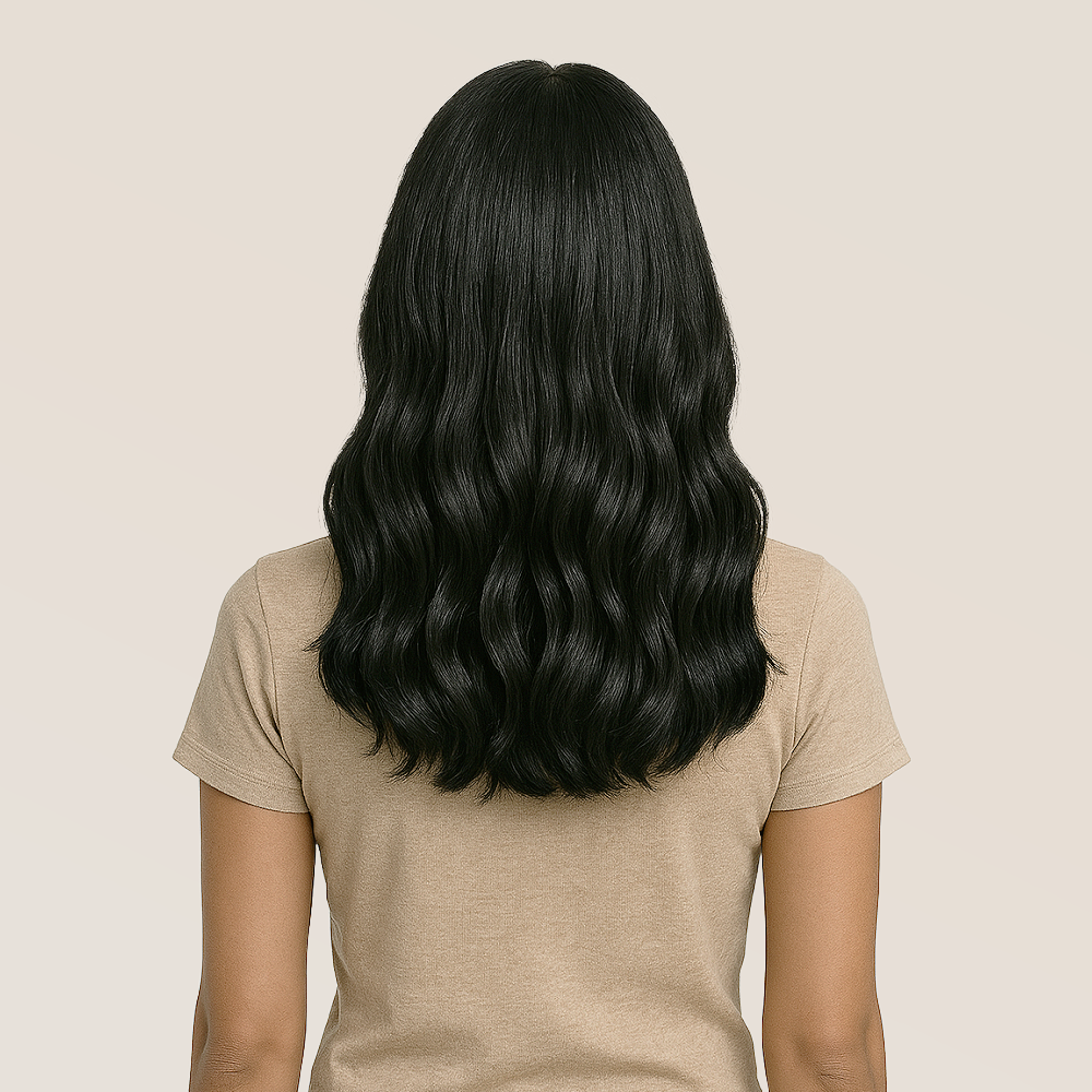 Back view of 16-18 inch raw wavy hair extensions