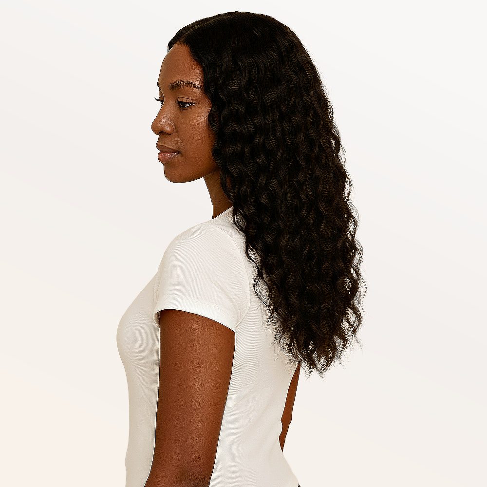 Model wearing soft raw Indian curly clip-in hair extensions by SL Raw Virgin Hair