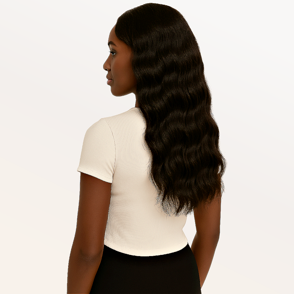 Model wearing raw Indian wavy clip-in hair extensions by SL Raw Virgin Hair