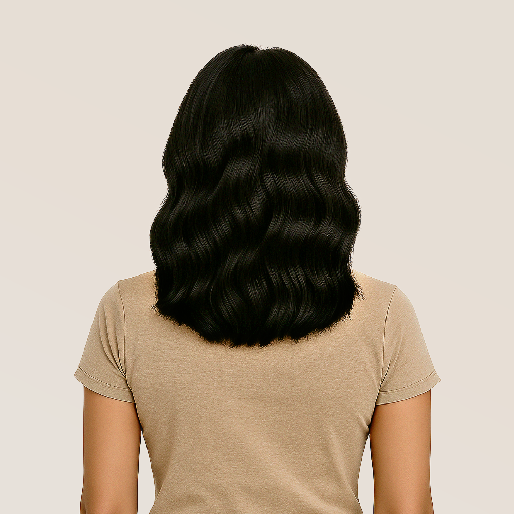 Back view of 10-14-inch raw wavy hair extensions
