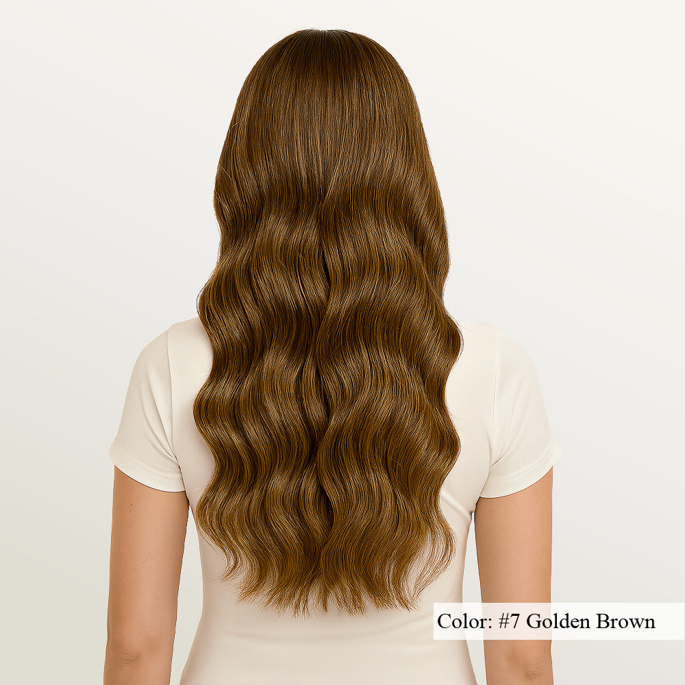 Model showcasing 7 Golden Brown Microlink Hair Extensions – SL Raw Virgin Hair