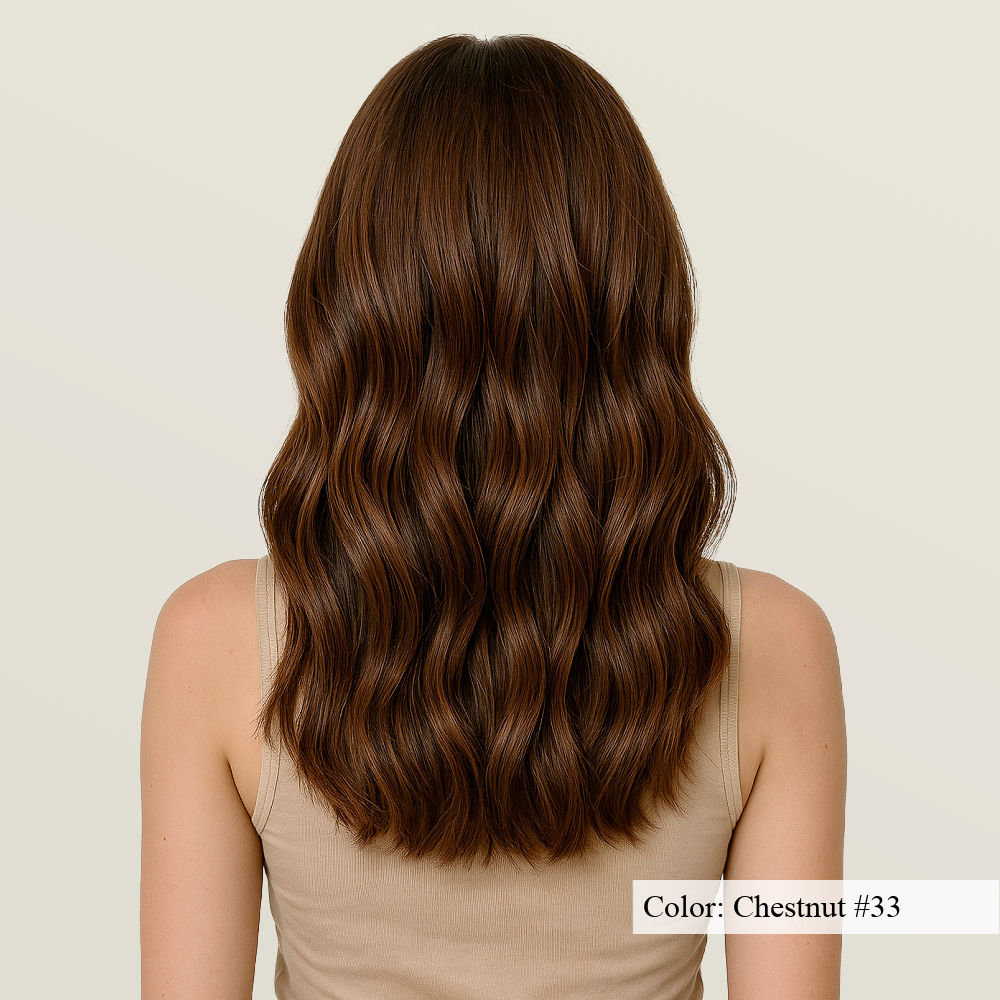 Model wearing organic keratin bond ktips  in color chestnut on fine hair 