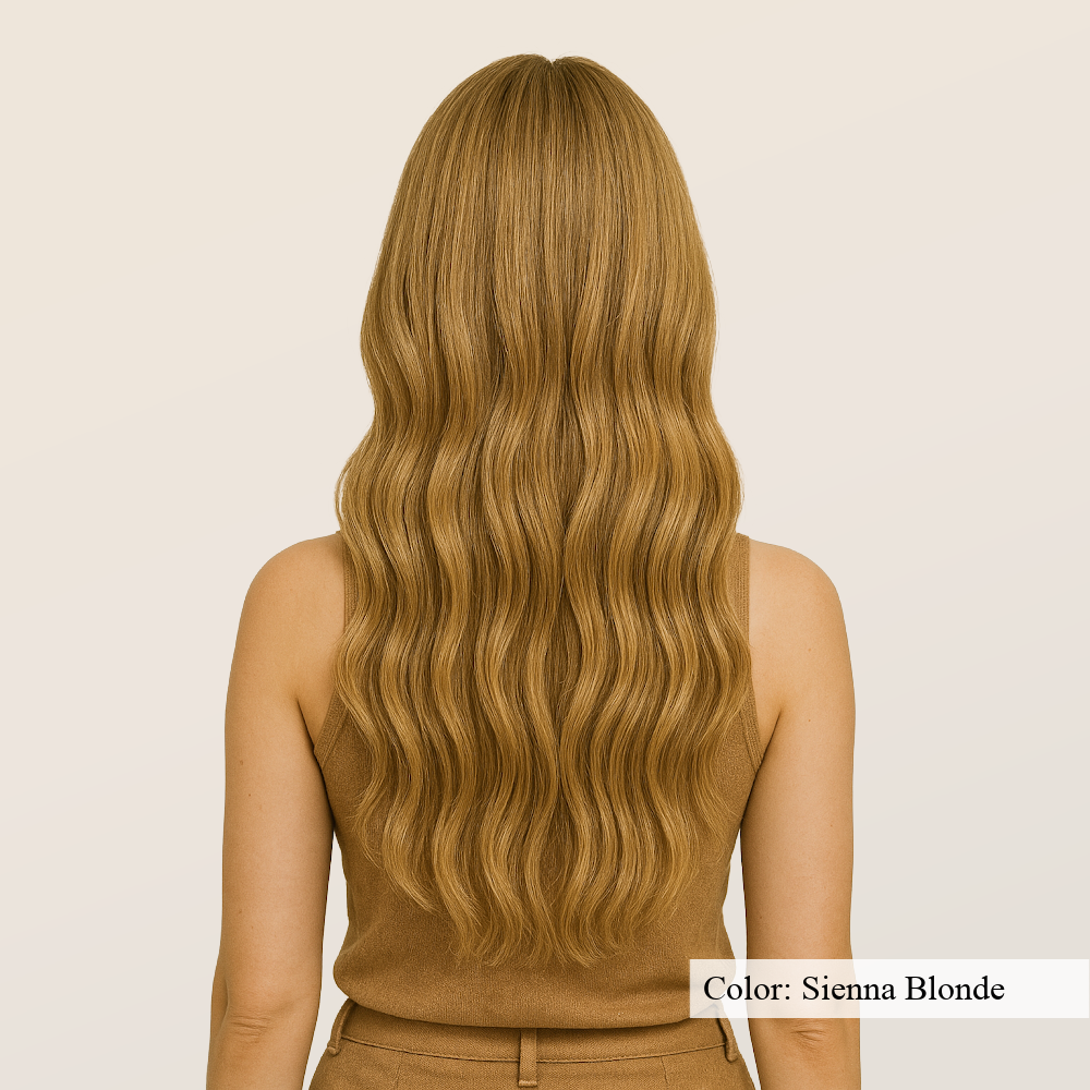 Model wearing seamless I-tips in color Sienna Blonde - SL Raw Virgin Hair Extensions 