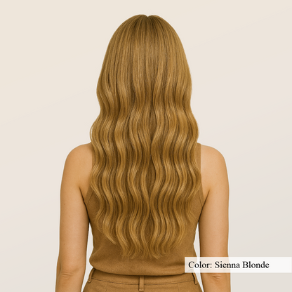 Model wearing seamless I-tips in color Sienna Blonde - SL Raw Virgin Hair Extensions 