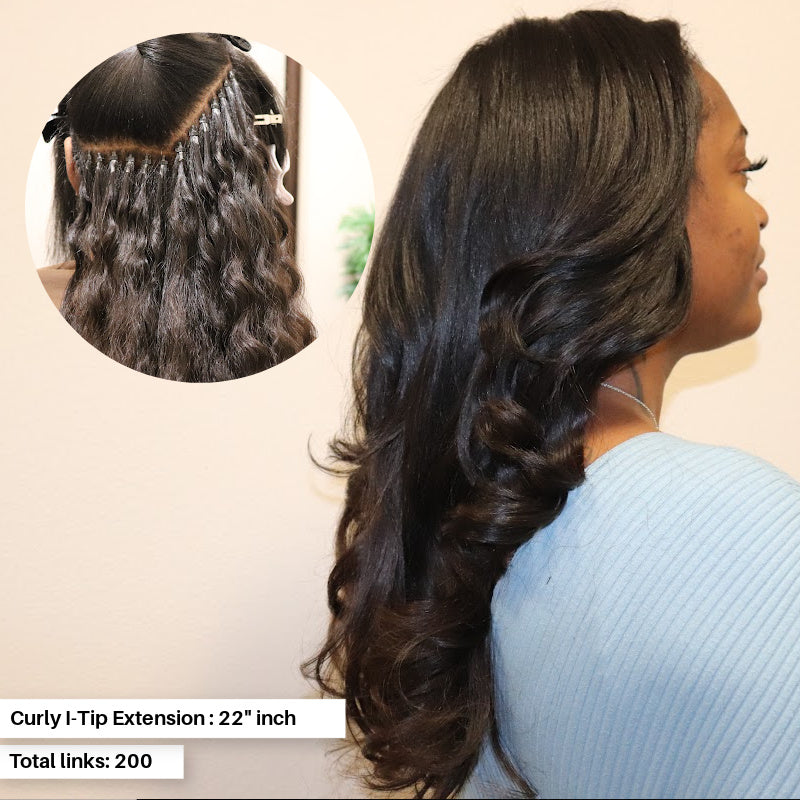 Woman wearing Indian Curly I-Tips bundle pack in 22-inch . Installed as Micro-link Hair extensions on relaxed textured hair.