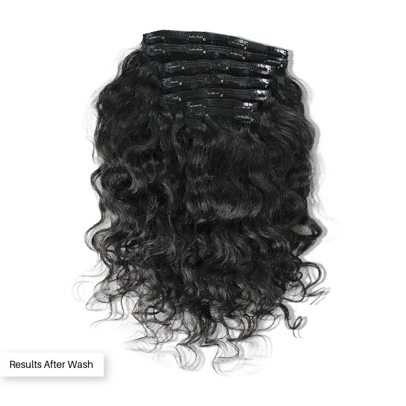 Image of Authentic Raw Indian Curly Hair Clip-in Extension freshly washed. 7pc clip-in set for women looking for an easy self installation. Sold be SL Raw Virgin Hair 