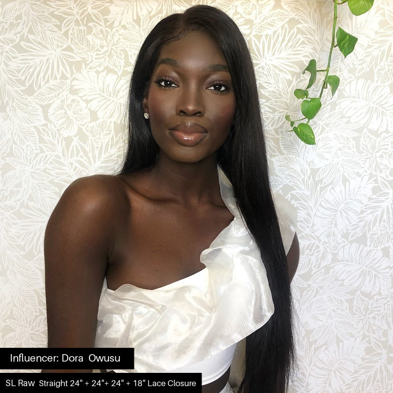 Displayed is a Beautiful African American woman wearing SL Raw Natural Straight Vietnamese human hair extension in 100grams of hair. hair comes in natural black and hold curls beautifully