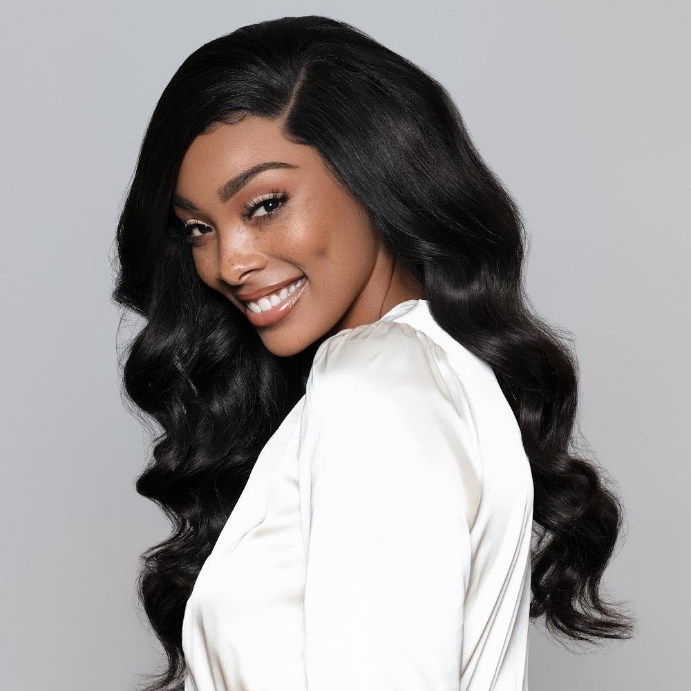 SL Raw Hair Model wearing raw wavy hair wig
