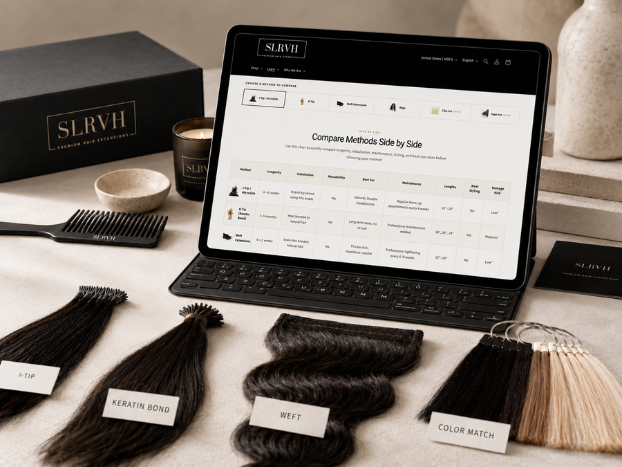 Comparaison des méthodes d'extensions capillaires montrant les extensions I-Tips, les extensions à la kératine, les tissages et des échantillons de couleurs