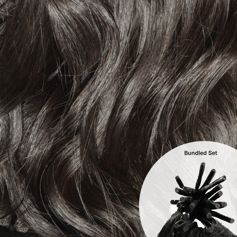 Close-up of Microlink Bundle Set · Raw Indian Curly natural black hair with a small inset showing an I-tip hair bundle labeled 'Bundled Set'.