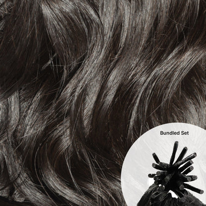 Close-up of Microlink Bundle Set · Raw Indian Curly natural black hair with a small inset showing an I-tip hair bundle labeled 'Bundled Set'.
