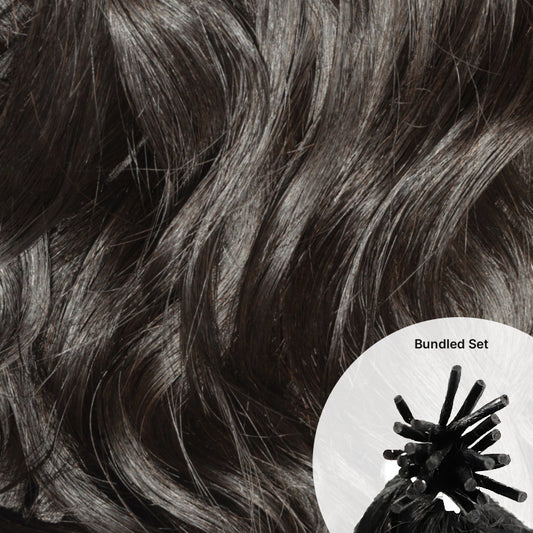 Close-up of Microlink Bundle Set · Raw Indian Curly natural black hair with a small inset showing an I-tip hair bundle labeled 'Bundled Set'.