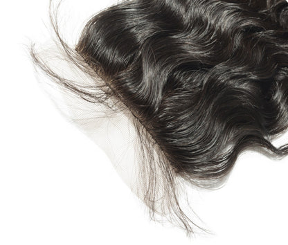 Raw Indian Lace Closure Close-up of curly wavy  hair on a white background