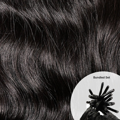 Close-up of Microlink Bundle Set · Raw Indian Wavy natural black hair with a small inset showing an I-tip hair bundle labeled 'Bundled Set'.