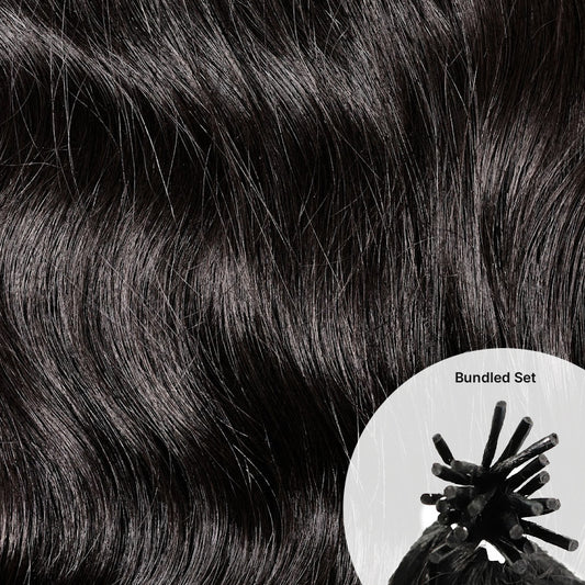 Close-up of Microlink Bundle Set · Raw Indian Wavy natural black hair with a small inset showing an I-tip hair bundle labeled 'Bundled Set'.